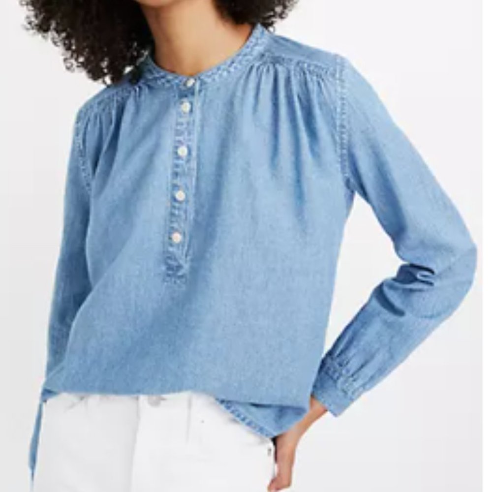 Madewell Denim Shirred Popover Top in Emmie Wash